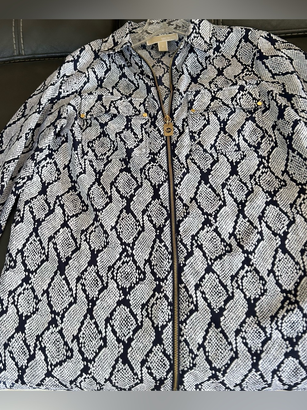 MICHAEL Michael Kors Python Snakeskin Print Zip-Front Blouse with Roll-Tab Sleev
